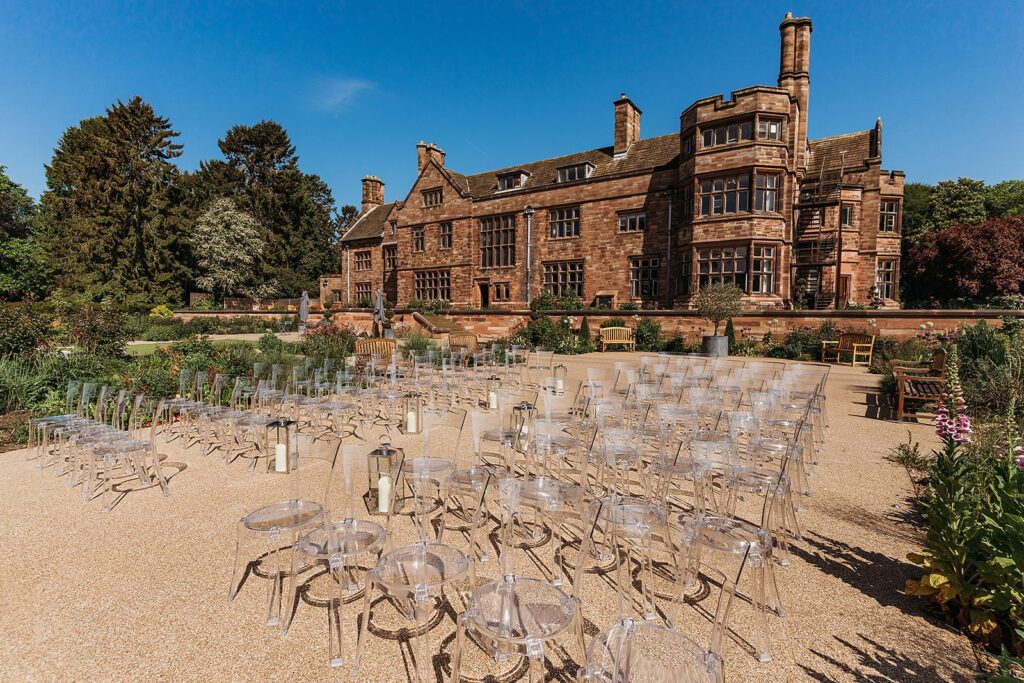 Rear of Standon Hall with courtyard set up for outdoor ceremony